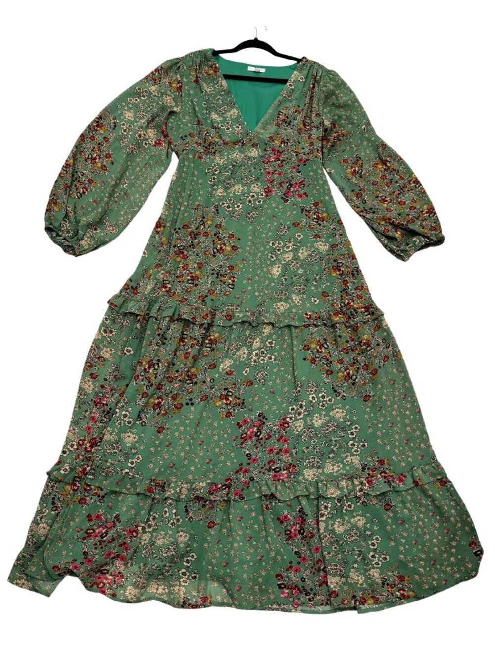 BalticBorn Green Floral Maxi Dress Tiered Long Puff Sleeves Lined V-Neckline